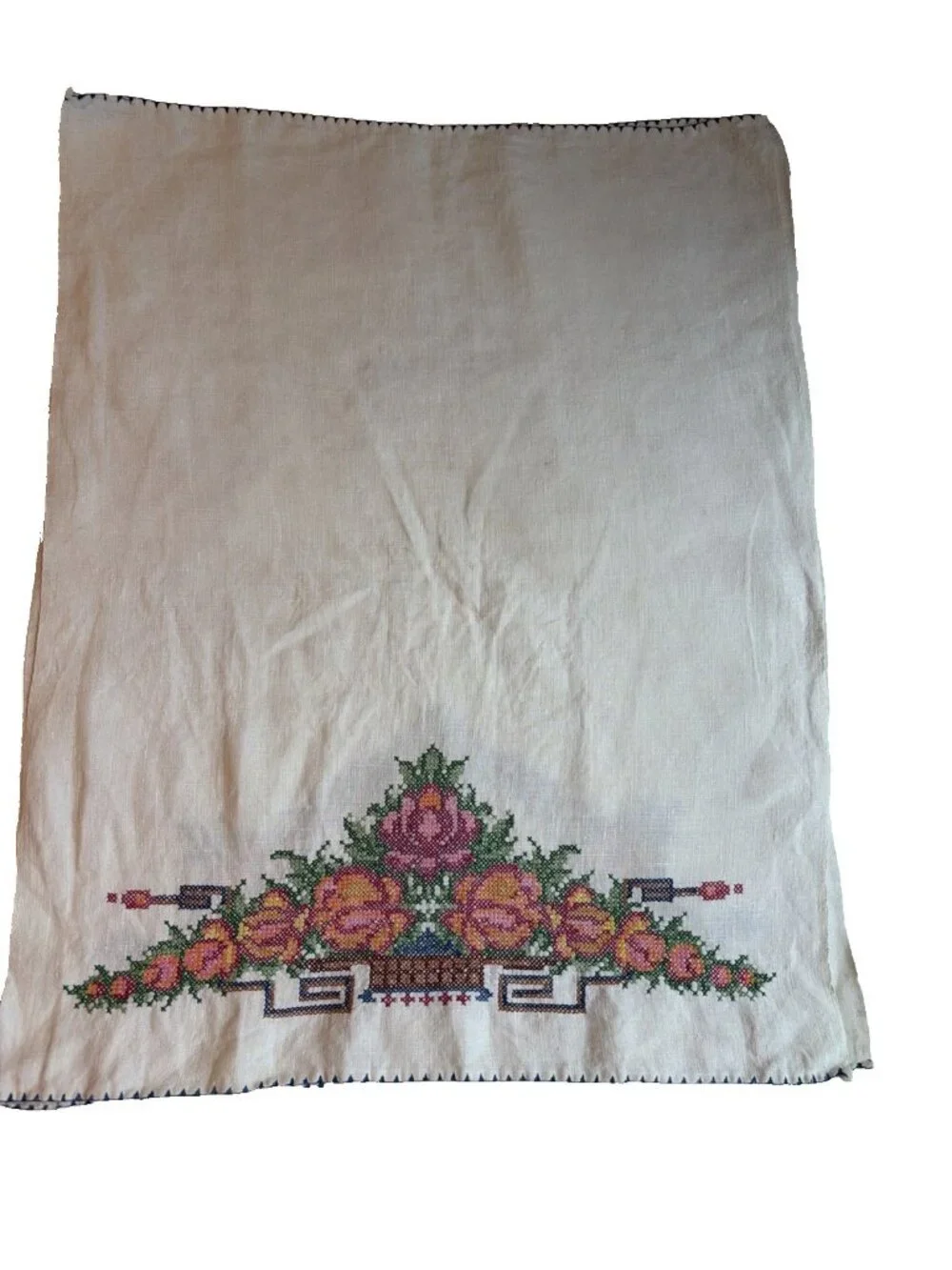 Vintage Set of 2 Linen Cross-Stitched Guest Towels Colorful Floral 15X19 Cottage